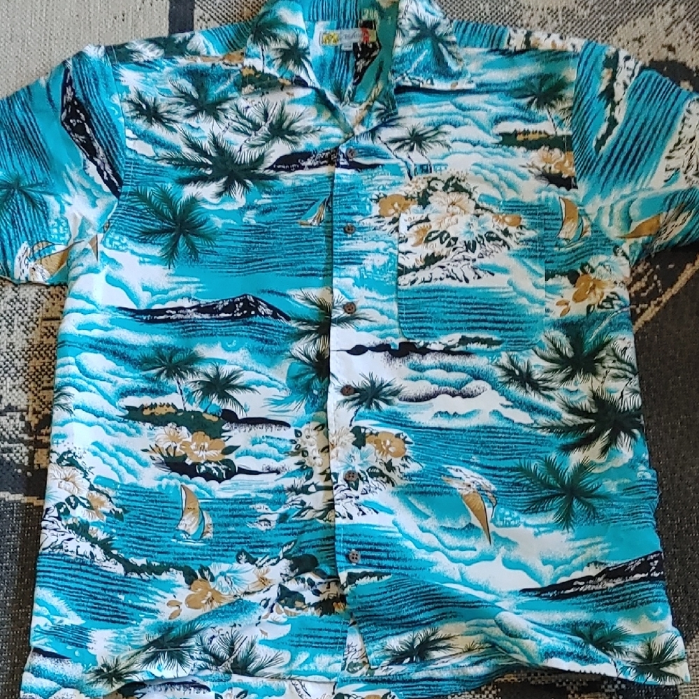 Aloha Joe Tropical Blue Hawaiian Shirt Sz Med